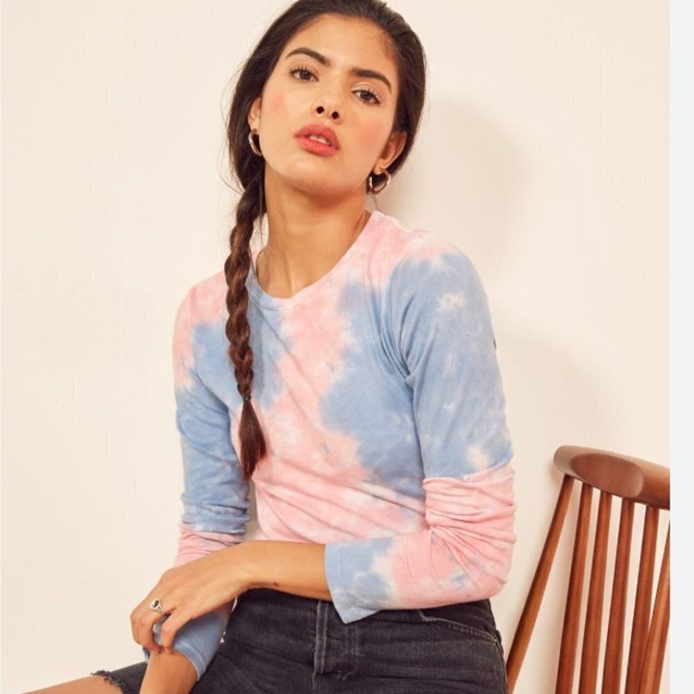 Reformation Eddie Long Sleeve Tee Cloudburst Pastel Pink Blue Tie-Dye Shirt Top